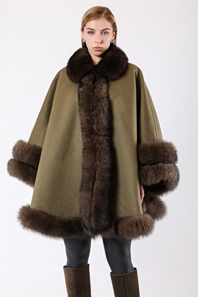 Leather Club Haki Kürk Aksesuarlı Alpaka Yün Panço