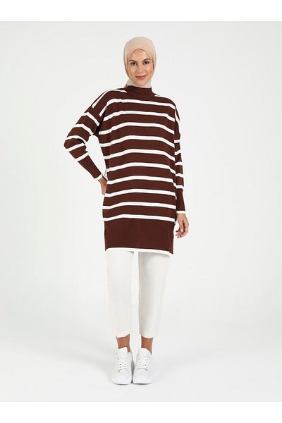 Por La Cara Long Striped Slit Knitwear Tunic - Brown