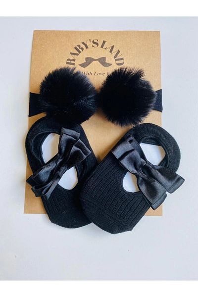 Babyland School Socks Baby Girl/Child Black Pompom Rubber Bandana And Black Ballerina Socks