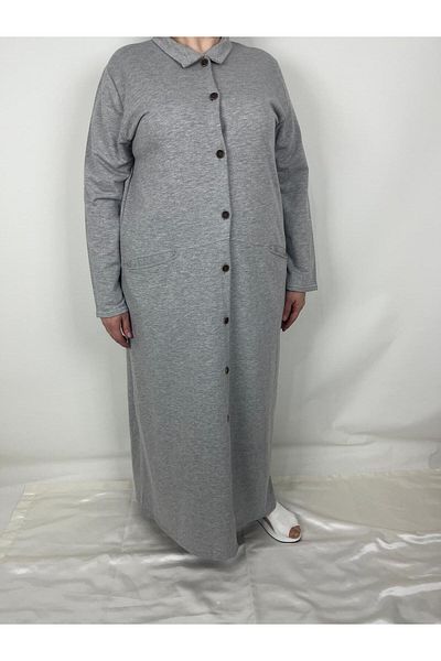 YAŞAR TRİKO Women's Light Gray Button Collar Long Sleeve Double Pocket Long Seasonal Cap