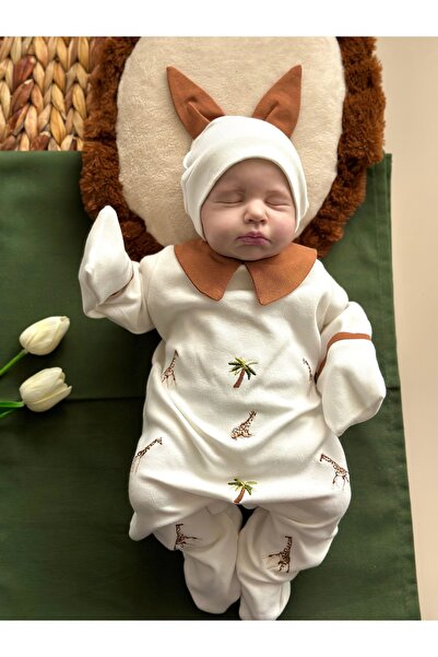 Mama Miel Baby Minimal Zürafa Nakışlı Tulum ve Şapkası / Kahve