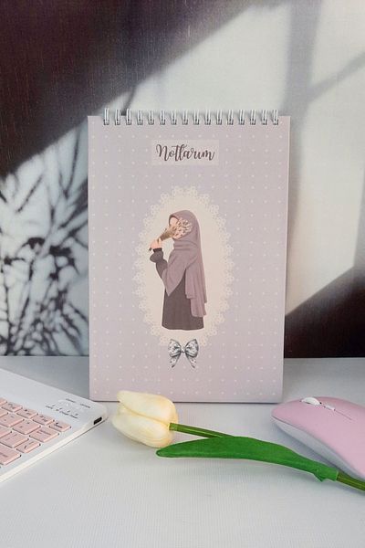 Burak Baskı Tasarım Bloc de note pentru fete hijab liliac cu linie în spirală A-5 - pentru bloc de note, bloc de note și Ramadan