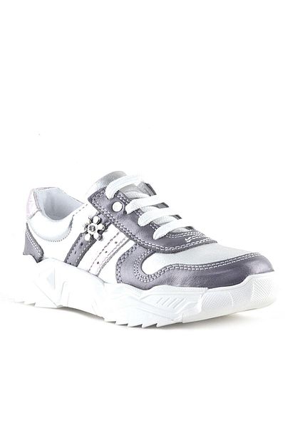 Rakerplus Pantofi sport pentru fete din piele naturală, roz platină, cu flori, cu detalii metalice