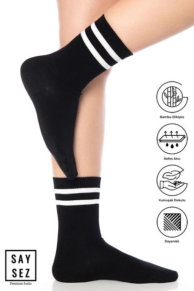 SAYSEZ Bamboo Unisex Tennis College Striped Black Premium Seamless Socks