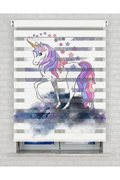 Bright Cover Unicorn ve Bulutlar Baskılı Zebra Perde - Gece Gündüz - Kız Çocu...