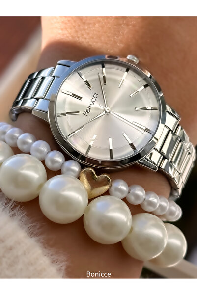 Ferrucci Marka Çelik Kordon Gümüş  Renk Kadın Kol Saati + Nazar Boncuklu Bileklik