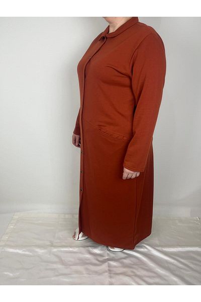 YAŞAR TRİKO Women's Tile Button Collar Long Sleeve Double Pocket Long Seasonal Cap