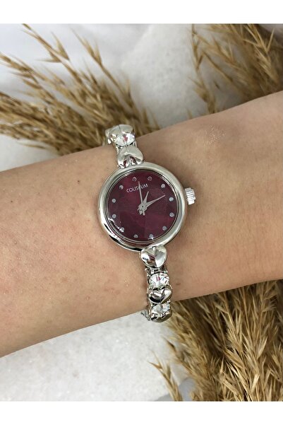 TD TRENDDURAGI ساعة يد نسائية بتفاصيل حجر فضي أحمر بورجوندي مع بصمة مستديرة