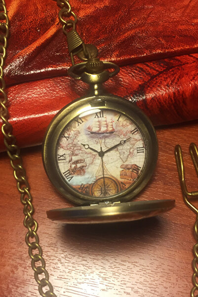 denacci Vintage Eski Dünya Haritası Kadranlı Köstekli Cep Saati Ahşap Kutulu ...