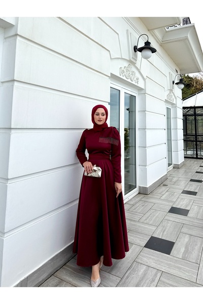 BYATEİLER فستان سهرة إسلامي من لينا باللون العنابي مع شريط