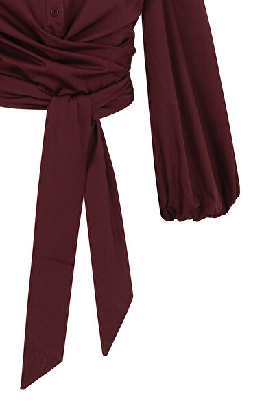 praye Бордова бавовняна сорочка - з поясом на талії