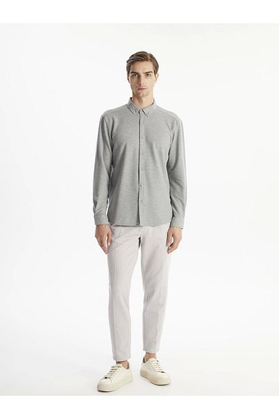 LC Waikiki Ανδρικό μακρυμάνικο πουκάμισο με υφή LCW Vision Grey Slim Fit