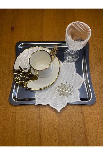 Smiling Home 2 Pieces Linen Linen Ecru Color Pearls Star Pattern Cocktail Presentation Napkins
