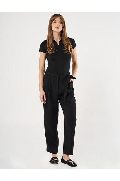 Kayra Black Carrot Cut Grosgrain Tie-Up Trousers