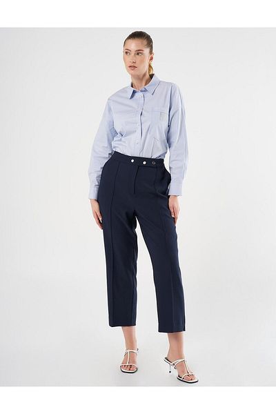 Kayra Front Buttoned Grass Stitched Trousers Dark Navy