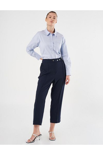 Kayra Front Buttoned Grass Stitched Trousers Dark Navy
