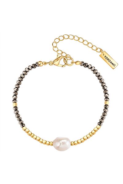 YOKOAMİİ Modeschmuckarmband Armband Gelbgold Süßwasser-zuchtperle Weiß Glas Perlen Grau