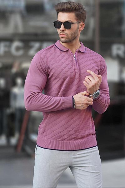 Madmext Ανδρικό πλεκτό πουλόβερ Dusty Rose με φερμουάρ 6824