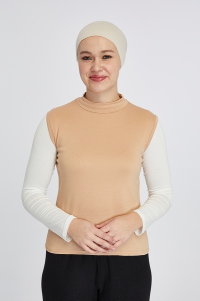 manolyaşal islamic hijab جسم نسائي عضوي - بدون أكمام وياقة مدورة، بيج داكن