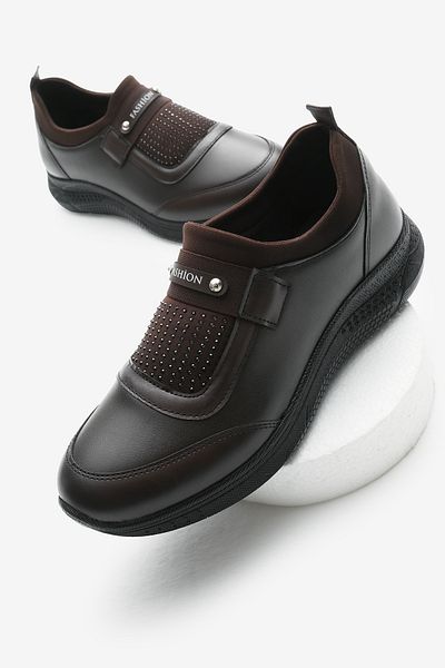 Tonny Black Women's Coffee Front Stone Embroidered Heel Gel Orthopedic Mother Casual Shoes