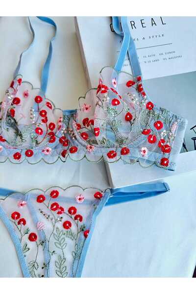 MODA Set de sutien roșu cu broderie albastră