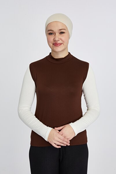 manolyaşal islamic hijab جسم نسائي عضوي بدون أكمام مع ياقة مدورة - شوكولاتة