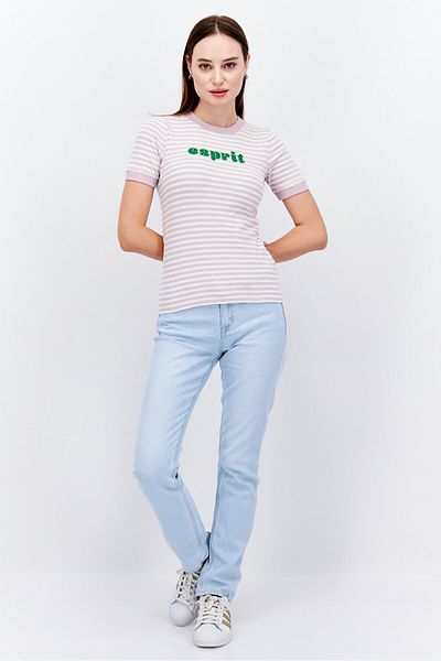 Esprit Women Crew Neck Short Sleeve Stripe Print T-shirt, White/lilac