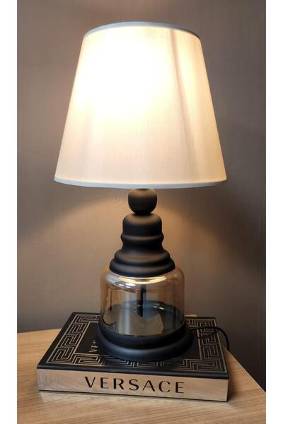 Taşcan Aydınlatma Aksel Siyah Cam Abajur Krem Şapka Masa Lambası Siyah Şapka ...