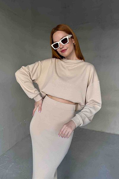 Cappmoda Tkm-1108 Κρεμ Χρώμα Modal Υφασμάτινη Μπλούζα Pencil Φούστα Διπλό Σετ