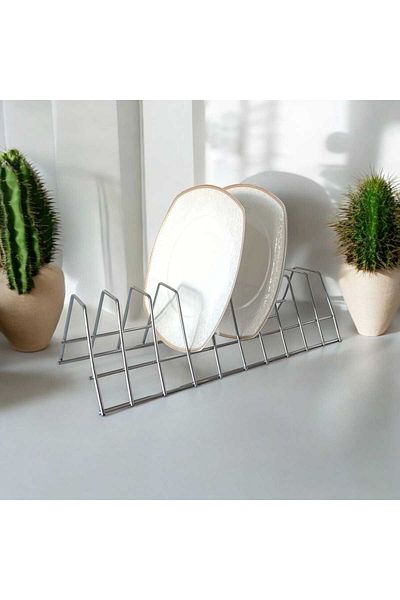 EceAksesuar Plate Rack - Pot Lid Organizer - Plate Drying - 10 Compartments Chrome Stand