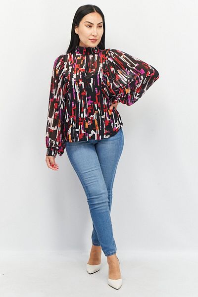 Esprit Women Mock Neck Balloon Sleeves Abstract Printed Blouse, Black Combo