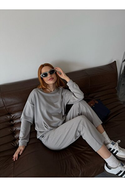 Cappmoda Tkm-1105 Painting Gray Modal Fabric Loose Blouse Grass Carrot Trousers Double Set