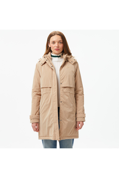 Lacoste Kadın Relaxed Fit Kapüşonlu Bej Mont