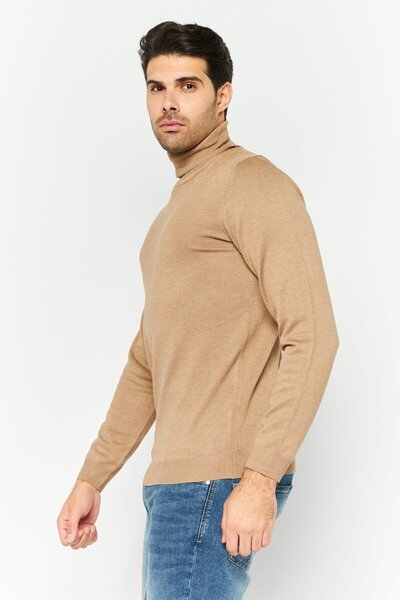 Sorbino Men Turtle Neck Long Sleeve Plain Sweater, Dark Beige
