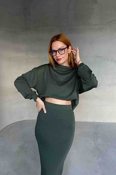 Cappmoda Tkm-1108 طقم بلوزة وتنورة قلم رصاص من القماش الكاكي موديل مزدوج