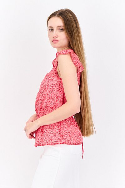 Hilfiger Denim Women Scoop Neck Ruffle Sleeve Allover Print Top, Red
