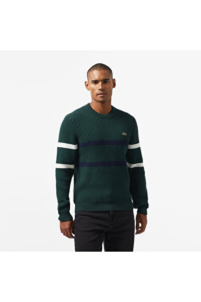 Lacoste Erkek Relaxed Fit Bisiklet Yaka Çizgili Koyu Yeşil Kazak