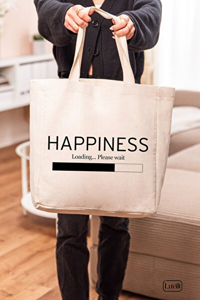 Luvili Baskılı Körüklü Kanvas Bez Çanta, Happiness Çanta