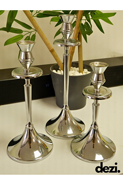 3'Lü Metal Mumluk Şamdan Seti, Dekoratif Set, Ev Nişan Dekorasyonu (23-28-33cm) Çap 12 Cm