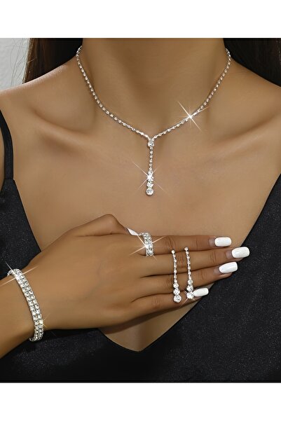 Modaadresiniz مجموعة مجوهرات من حجر الكريستال لعيد الحب وقلادة ودعوة الخطوبة وأقراط وأساور وخاتم