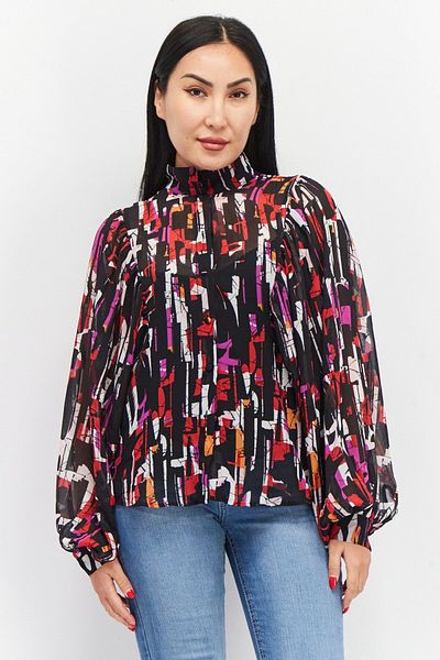 Esprit Women Mock Neck Balloon Sleeves Abstract Printed Blouse, Black Combo