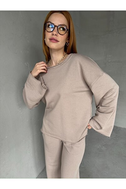 Cappmoda Tkm-1201 Stone Color Dirty Stitched Loose Model Blouse Palazzo Pants Two Thread Seasonal Double Suit