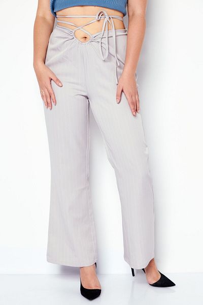 4th & Reckless Women Petite Micro Stripe Print Wide Leg Pants, Light Grey