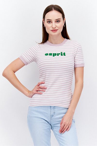 Esprit Women Crew Neck Short Sleeve Stripe Print T-shirt, White/lilac