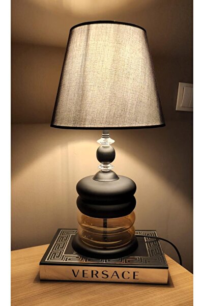 Taşcan Aydınlatma Bouble Siyah Taşlı Cam Abajur Masa Lambası Siyah Şapka Salo...