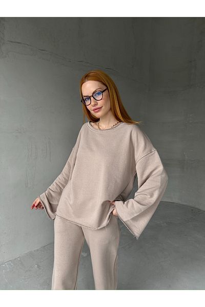Cappmoda Tkm-1201 Stone Color Dirty Stitched Loose Model Blouse Palazzo Pants Two Thread Seasonal Double Suit