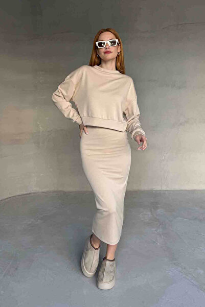 Cappmoda Tkm-1108 Cream Color Modal Fabric Blouse Pencil Skirt Double Set