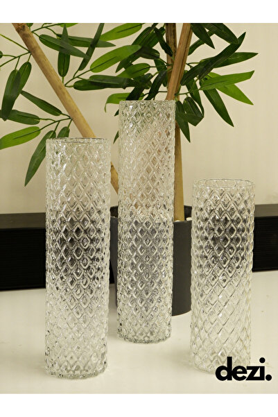 DEZİ 3'Lü Elmas Silindir Cam Vazo, Mumluk Dekoratif Set, Ev Nişan Dekorasyonu...