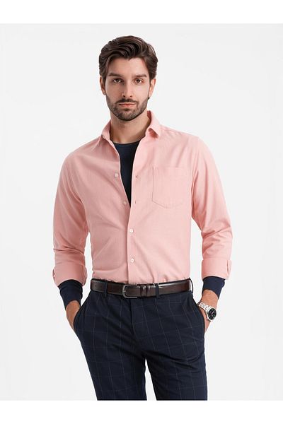 OMBRE Ανδρικό πουκάμισο REGULAR FIT με τσέπη - ροζ V5 OM-SHCS-0148 S