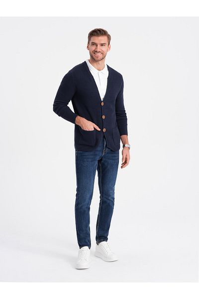 OMBRE Strukturierter Herren-Cardigan mit Taschen - Marineblau V3 OM-SWCD-0109 S
